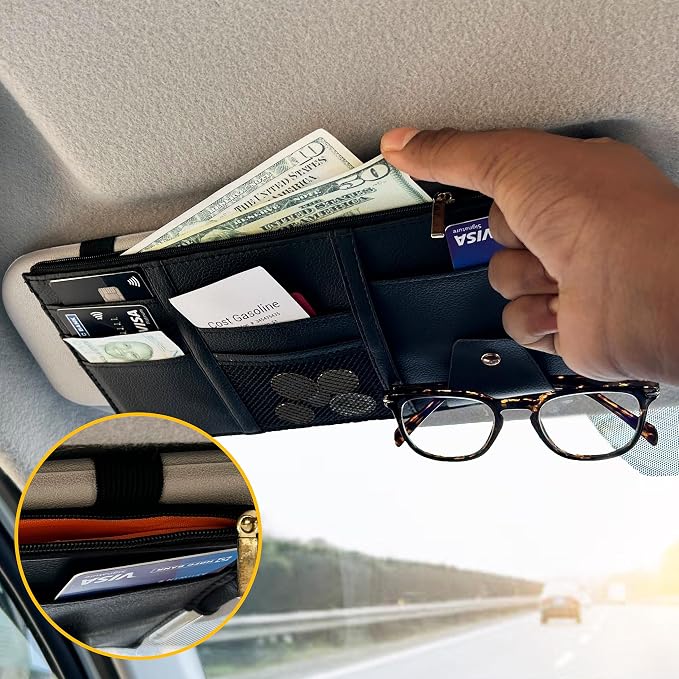 Car Sun Visor Organizer (Black) | Multi-Pocket Net Zipper Case for Cash, Card, Pen & Sunglass | Visor Organizer Storage Pouch | Interior Accessories with Pocket for Car & Truck | Small