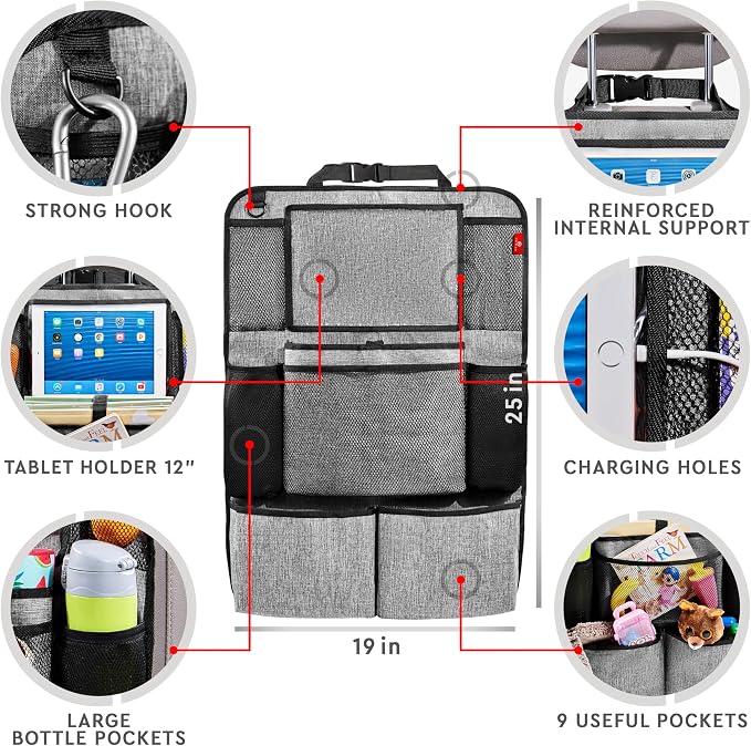 Backseat Car Organizer, Kick Mats Back Seat Protector with Touch Screen Tablet Holder, Organizer for Kids, Travel Accessories, Mat 9 Storage Pockets 2 Pack