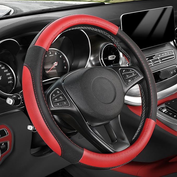 Car Steering Wheel Cover Universal Standard Size 14.5-15 inch, Black and Red Microfiber Leather