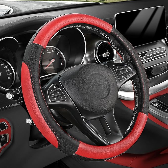 Car Steering Wheel Cover for Prius Civic Model 3 Model Y Camaro, Small Size 14-14.25 inch, Black and Red Microfiber Leather