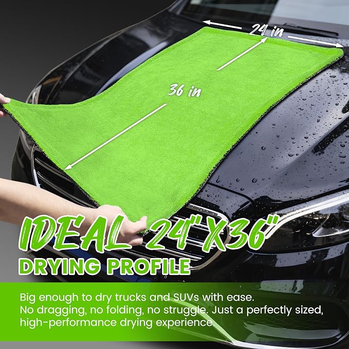 PUGPIU 1400GSM Large Microfiber Car Drying Towel Detailing 24"x36" | XL Super Absorbent Microfiber Towels - Edgeless with Twisted Loop - No Lint Streak for SUV Truck Car Detailing (Green)