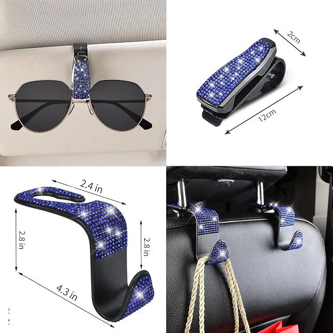 11 PCS Bling Diamond Car Accessories for Women, Sparkly Rhinestone Steering Wheel Cover, Bling Seat Belt Cushion, Glitter Shift Knob Cover, Car Cup Holder Coaster, Cute Interior Sets Blue