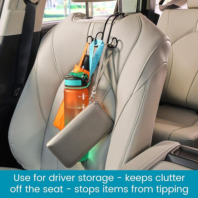 Metal Car Hooks for Purse and Bags - Unbreakable Headrest Car Hooks for Large Purse Straps and Heavy Bags up to 40 lbs - Secure Attachment Loops Fit All Headrest Posts (Triple Hook 2-Pack)