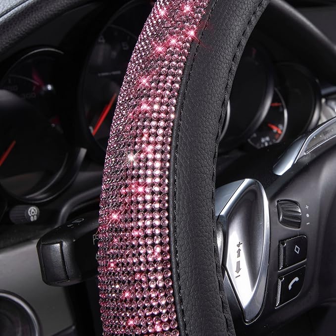 Bling Diamond Leather Steering Wheel Cover, Bling Sparkly Crystal Glitter Rhinestones Universal Fit 14" 1/2-15" Car Wheel Protect for Women Girl Fit Suvs,Vans,Sedans,Cars,Trucks, Pink Black