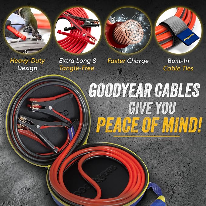 GOODYEAR Heavy Duty Jumper Cables for Car Battery - 2 Gauge Thick Wire, Extra Long 16 ft Booster Cables with Carrying Case for Cars, Trucks, SUVs, Emergency Roadside Kit Car Accessories