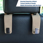 Car Seat Back Hook Universal Auto Storage Hanger Suede with Metal Car Seat Organizer for Handbag Purse Coat Umbrellas Grocery Bags 2 Pack Beige