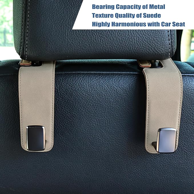 Car Seat Back Hook Universal Auto Storage Hanger Suede with Metal Car Seat Organizer for Handbag Purse Coat Umbrellas Grocery Bags 2 Pack Beige