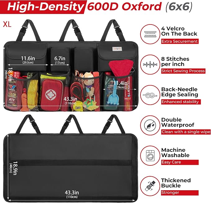 Car Trunk Organizer, LARGE CAPACITY(43 x 19 in) Car Storage Bag with 8 Pockets, 7X Upgraded Trunk Storage Organizer for Car, SUV, Truck, MPV