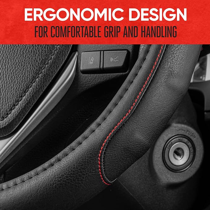 GripDrive Faux Black Leather Steering Wheel Cover for Car Truck Van SUV, Standard 15 inch Size, Red Accent Stitched Car Steering Wheel Cover Vehicle & Auto Accessories