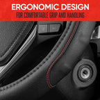 GripDrive Faux Black Leather Steering Wheel Cover for Car Truck Van SUV, Standard 15 inch Size, Red Accent Stitched Car Steering Wheel Cover Vehicle & Auto Accessories