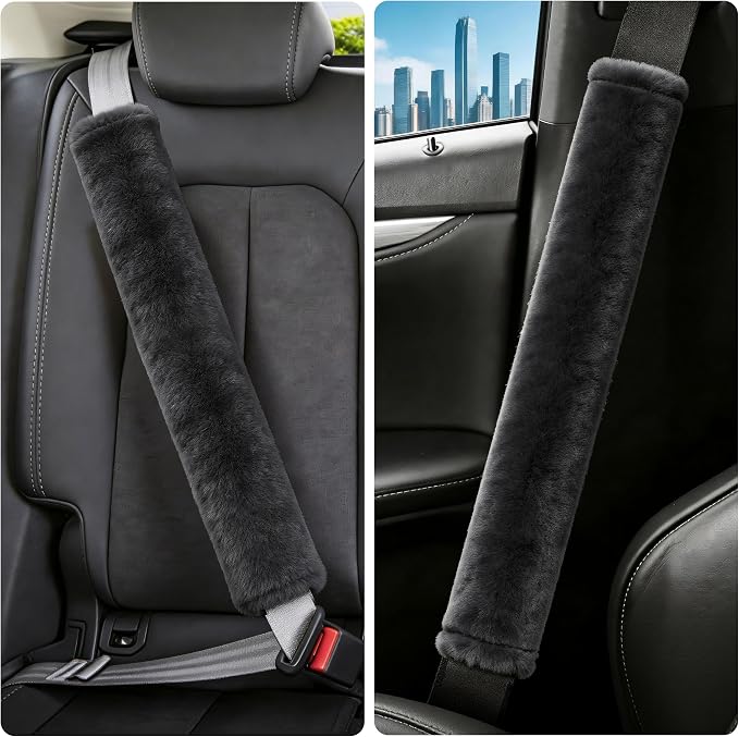 Soft Faux Fur Universal Fit Seatbelt Cover Car Truck SUV Airplane Seat Belt Shoulder Pad for Carmera Backpack Straps Neck Cushion Protector Extra Long 25.6in Dark Gray