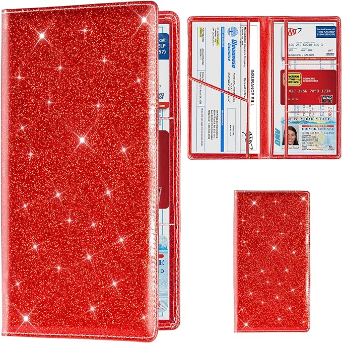 Car Registration and Insurance Card Holder, Vehicle License Document Glove Box Compartment Organizer, Interior Car Accessories for Women Men (Glitter Red)