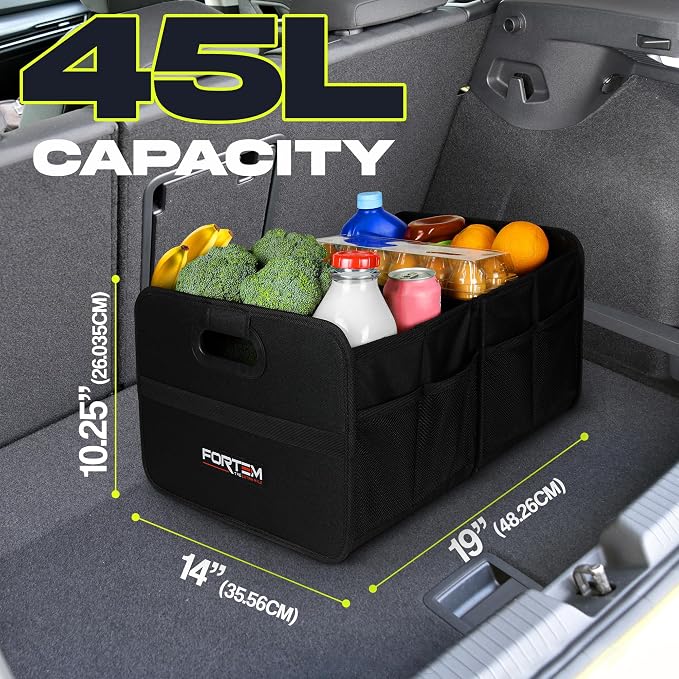 Car Trunk Organizer, Collapsible Two Compartment Organizer, Foldable SUV & Truck Storage for Car Accessories for Women Men, Non Slip Bottom, Sturdy Side Walls, Strong Handles, 45L