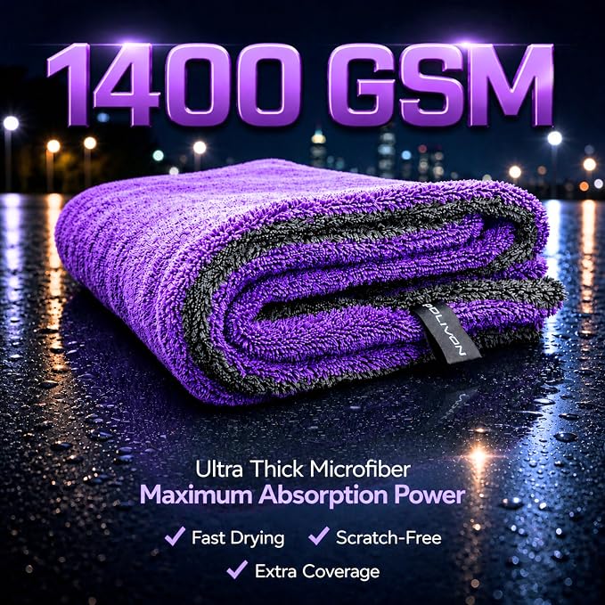 Car Drying Towel 24”x36”, 1400 GSM Twisted Loop Microfiber, Ultra Absorbent, Streak-Free, Lint-Free, Scratch-Free for Car, Truck & SUV, Quick Drying in Fewer Passes (Purple)