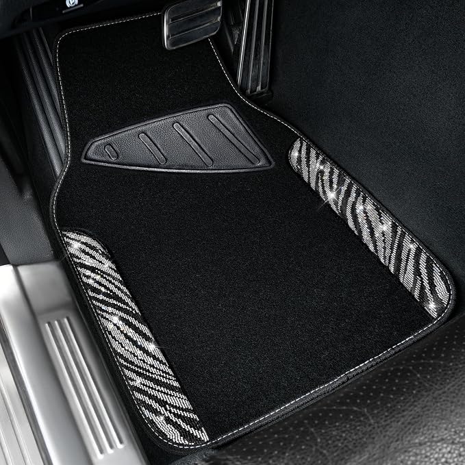 Bling Zebra Car Mats Rhinestones Diamond Waterproof Floor Mat Crystal Sparkly Shining Glitter Carpet Anti-Slip PVC Heel Pad, Universal Fit Automotive SUV,Sedan,4pcs Girly Women, Zebra Diamond