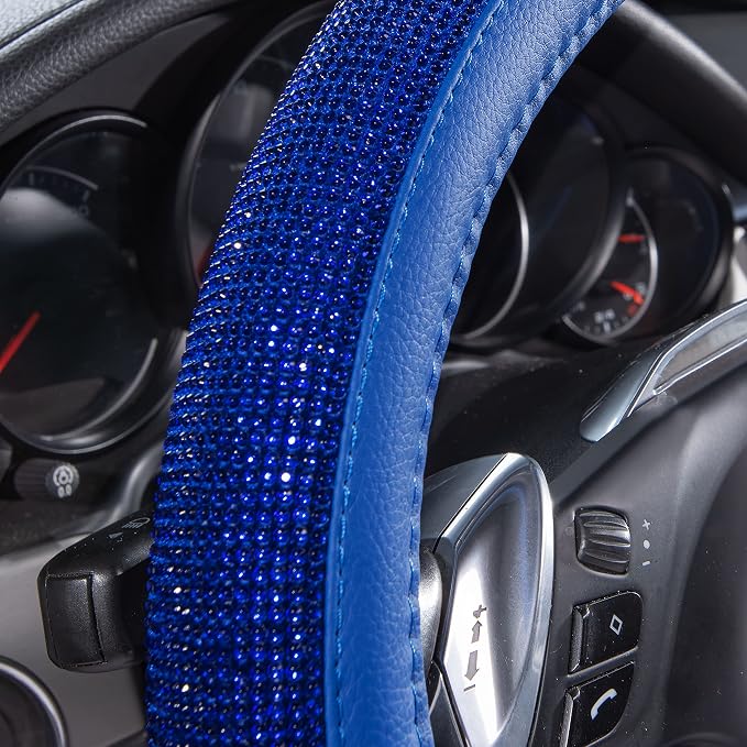 Bling Diamond Leather Steering Wheel Cover, with Bling Sparkly Crystal Glitter Rhinestones Universal Fit 14" 1/2-15" Car Wheel Protect for Women Girl Fit Suvs,Vans,Sedans,Cars,Trucks, Blue
