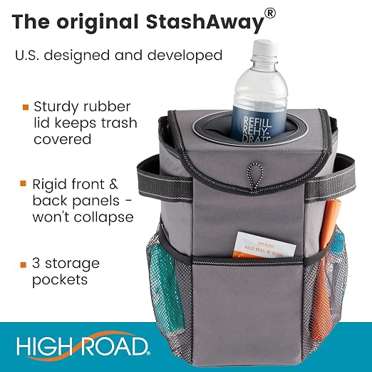 StashAway Heavy Duty Car Trash Can with Rubber Lid, 3 Storage Pockets and Sturdy Panels for Stable Floor or Hanging Seatback Use (Gray)