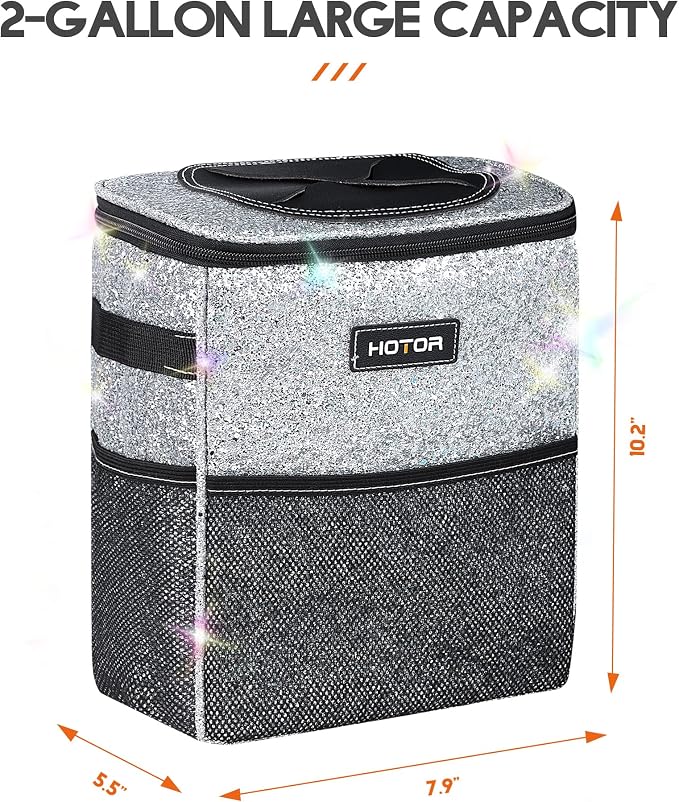 Car Trash Can with Lid and Storage Pockets - 100% Leak-Proof Organizer, Waterproof Garbage Can, Multipurpose Trash Bin for Car, 2 Gallons, Sparkle White