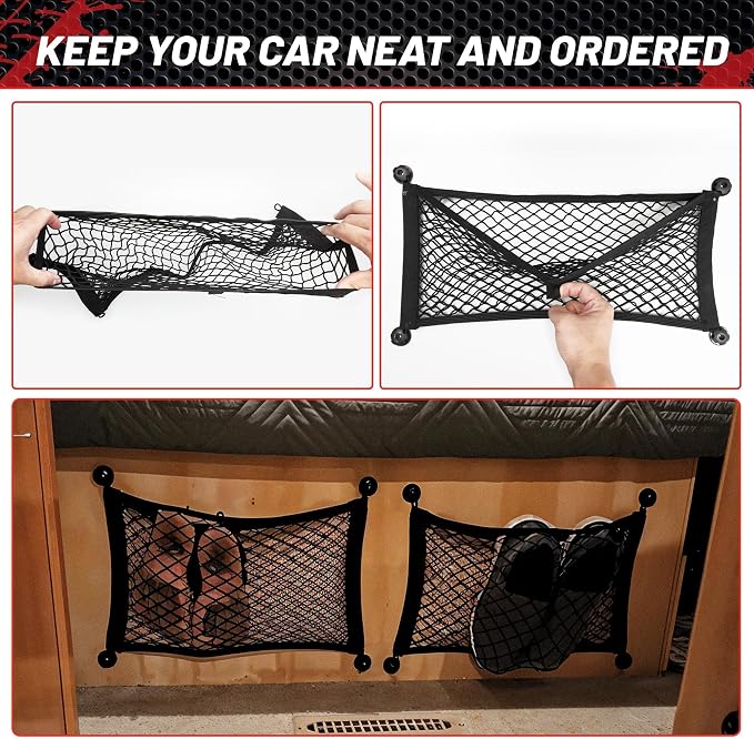 Universal Cargo Net Pocket Elastic Netting Car Mesh Pouch for Trunk RV Boats Home Cargo Storage with Screws and Hooks (21.7'' x 9.8'')