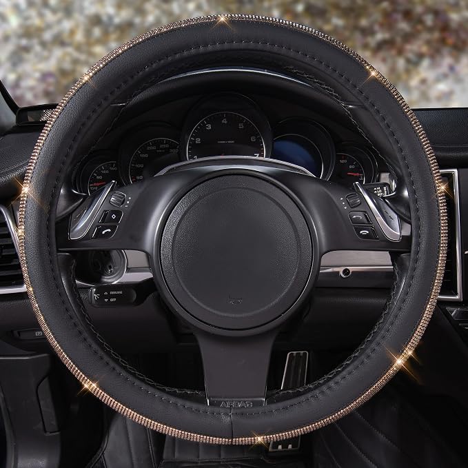 Bling Champagne Diamond Steering Wheel Cover, Black Leather Universal Fit 14.5-15inch Glitter Rhinestones for Women Sparkle Crystal Girly Shining for SUV,Vans,Sedan,Car,Truck, Black Champagne