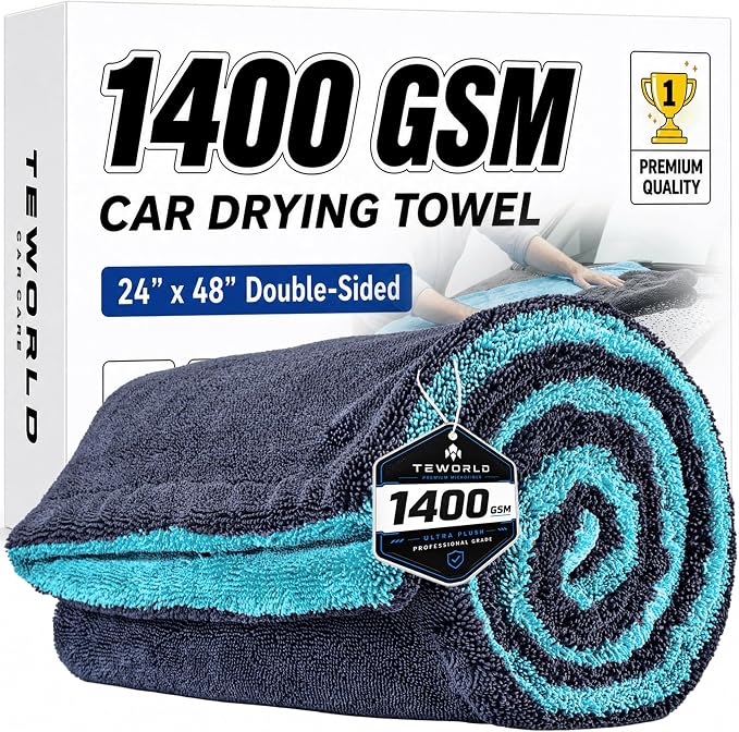 Car Drying Towel, Extra Large 48 x 24 Inch, 1400 GSM, Dual-Color | Twisted Loop Microfiber Towel for Cars - Absorbent Car Dry Towel and Car Wash Towel for Streak-Free, Paint-Safe Car Detailing