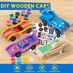 4 DIY Wooden Race Cars-Build & Paint Your Own Wood Craft Kit, 4 Race Cars Toy, Easy to Assemble Arts Crafts Kit, Birthday Party Presents for Kids Boys and Girls