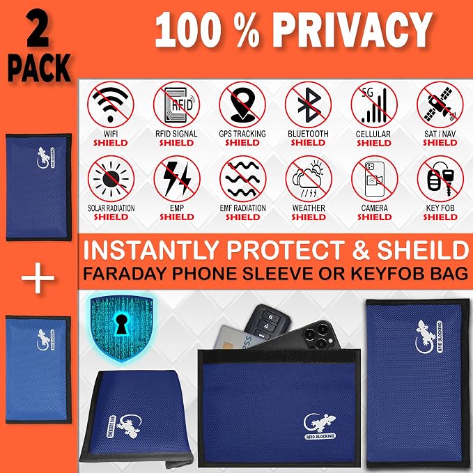 Faraday Bag for Phones & Key Fobs – RFID Shielding Privacy Pouch for Electronic Device Storage, Faraday Sleeve for Personal Data Protection (2 PACK - BLUES)