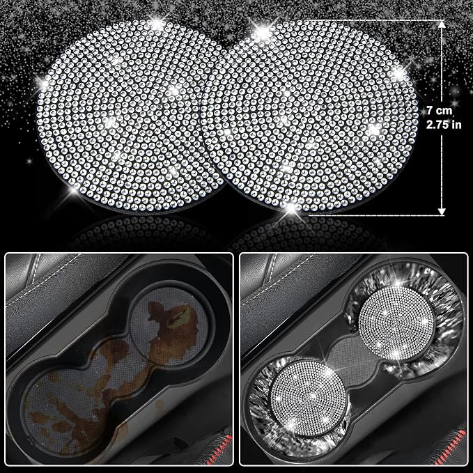 11 PCS Bling Diamond Car Accessories for Women, Sparkly Rhinestone Steering Wheel Cover, Bling Seat Belt Cushion, Glitter Shift Knob Cover, Car Cup Holder Coaster, Cute Interior Sets Silver