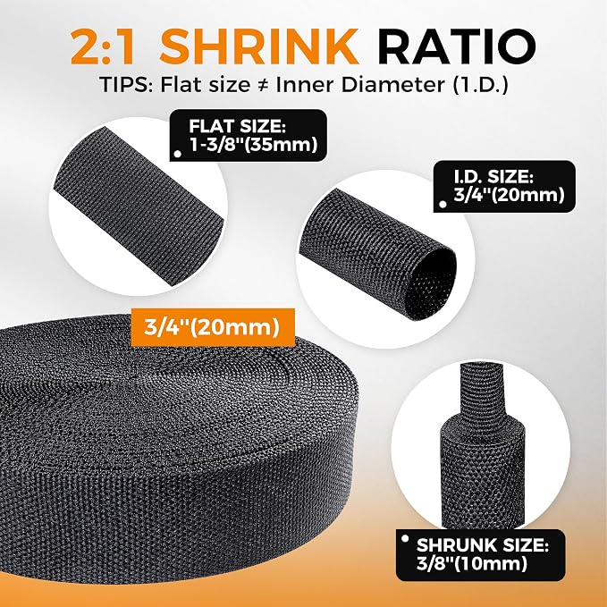 Black 2:1 Ratio Automotive Heat Shrink Braided Sleeving,Wear-Resistant Flat Woven Shrinkable Sleeve Fabric Car Cable Wires Hoses Protection (3/4"-26ft)