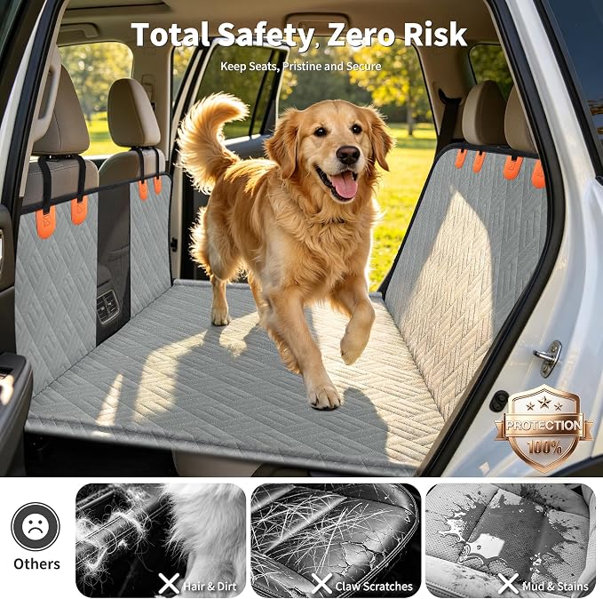 Dog Seat Cover Hard Bottom, 3-Section Design for Full-Size Trucks & SUVs, Waterproof & Nonslip Car Hammock for Large Dogs, Pet Truck Extender Cover, Spacious Space(+ 45%) Grey