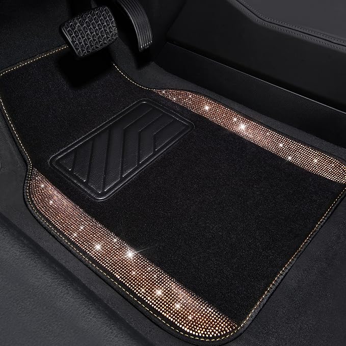 Bling Rhinestone Diamond Car Floor Mat, Crystal Sparkly Shining Glitter Carpet Waterproof Anti-Slip PVC Heel Pad, Universal for Interior Auto SUV,Sedan,Van,4pcs Girl Women Men, Champagne Gold