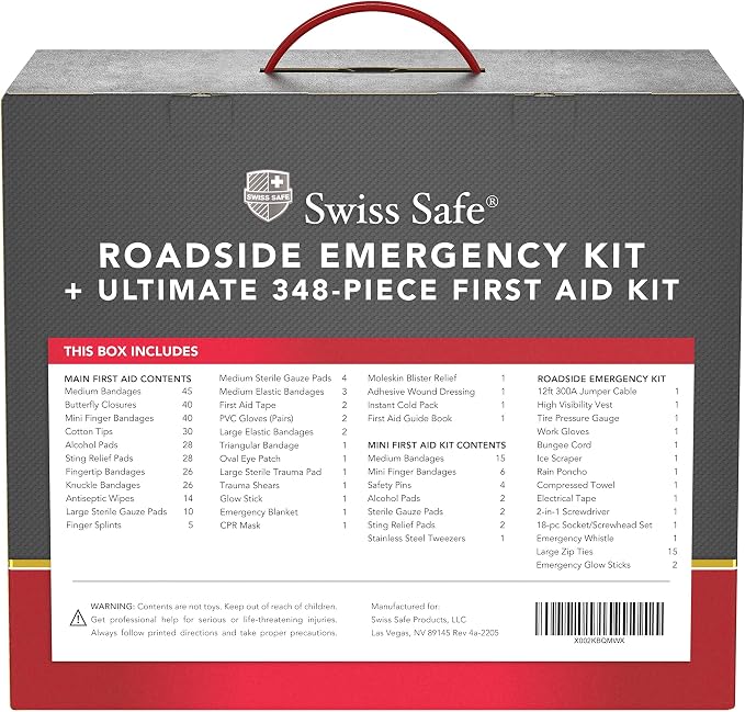 2-in-1 Car Emergency Kit | 12-FT Heavy-Duty Jumper Cables & 378-Piece Comprehensive Car First Aid Kit | Compact Roadside Auto Essentials for Vehicle Safety