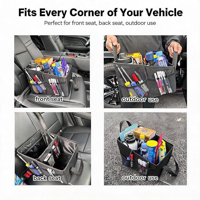 Car Seat Organizer, Collapsible Front Seat Storage Box with Adjustable Divider & Seatbelt Straps, Oxford Multifunctional Car Organizer for Passenger Seat, Backseat & Trunk, Black