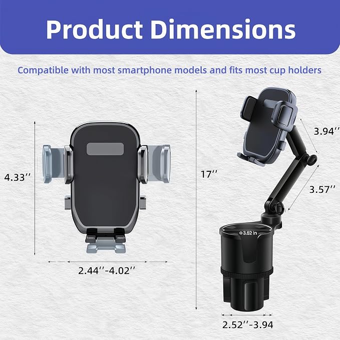 2-in-1 Car Cup Phone Holder Expander with Adjustable Base, 360°Rotation,Compatible with iPhone, Samsung & All Smartphones up to 4.13",Fit Most Bottles 10-32oz,Black