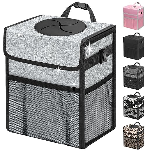 Car Trash Can with Lid, Leakproof Car Trash Bag Hanging Waterproof Automotive Garbage Can with Storage Pockets Mini Vehicle Trash Bin for Back/Front Seat(Silver Glitter,2.5 Gallon)