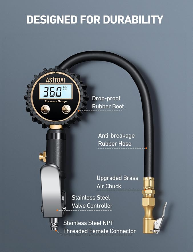 Digital Tire Pressure Gauge with Inflator(3-250 PSI 0.1 for Display Resolution), Heavy Duty Air Chuck and Compressor Accessories with Rubber Hose and Quick Connect Coupler, White