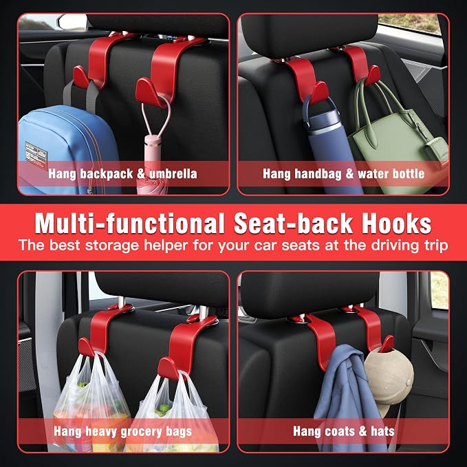 Car Seat Headrest Hook 4 Pack Hanger Storage Organizer Universal for Handbag Purse Coat Universal fit Vehicle Car S Type Red
