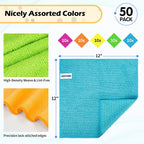 Microfiber Cleaning Cloth, 50 Pack Cleaning Rags, Cleaning Towels for Housekeeping, Kitchen, Car, Lint-Free, Reusable Shop Towels with 5 Colors (Green/Blue/Yellow/Orange/Pink), 12"X12"