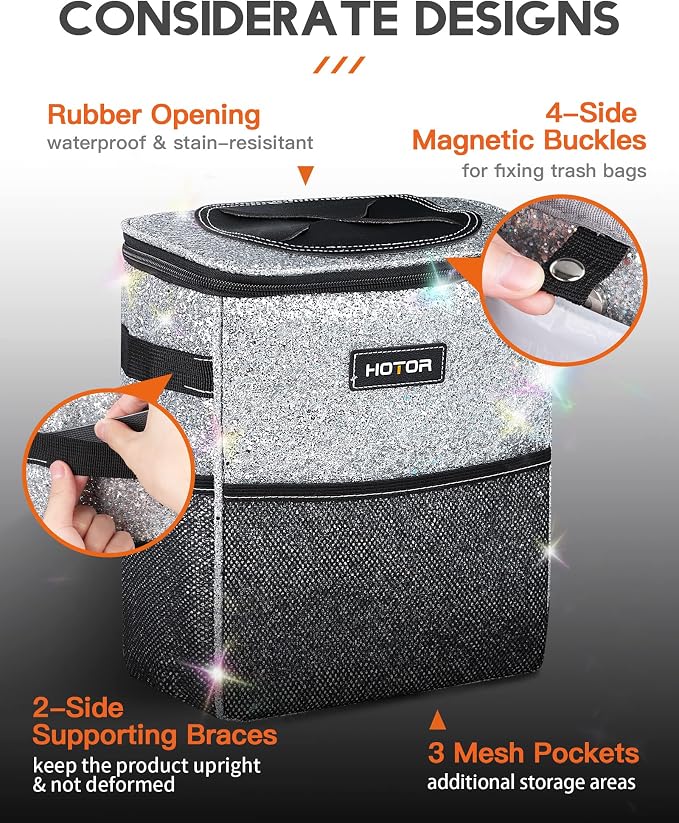 Car Trash Can with Lid and Storage Pockets - 100% Leak-Proof Organizer, Waterproof Garbage Can, Multipurpose Trash Bin for Car, 2 Gallons, Sparkle White
