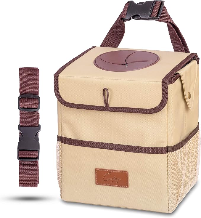Car Trash Can [Touring Edition] - Removable Liner - 100% Leakproof, Odor Control Lid, Hanging Garbage Bin for SUV, Truck, Car (2 Gal, Beige)