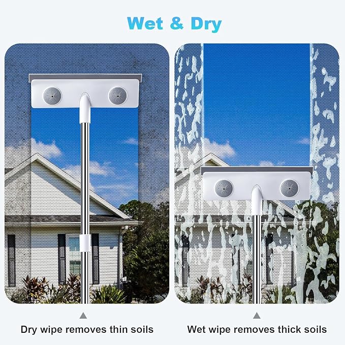 Mesh Screen Cleaner, Glass Wiper, Dust Paper Clip，3 in 1 Wet and Dry Screen Cleaner with Long Handle Wiper for Shower, Glass, Floor, Tile Walls, Car Windshield, White