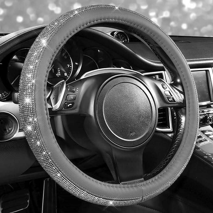Bling Diamond Leather Steering Wheel Cover, with Bling Sparkly Crystal Glitter Rhinestones Universal Fit 14" 1/2-15" Car Wheel Protector for Women Girl Fit Suvs,Vans,Sedans,Cars,Trucks, Gray
