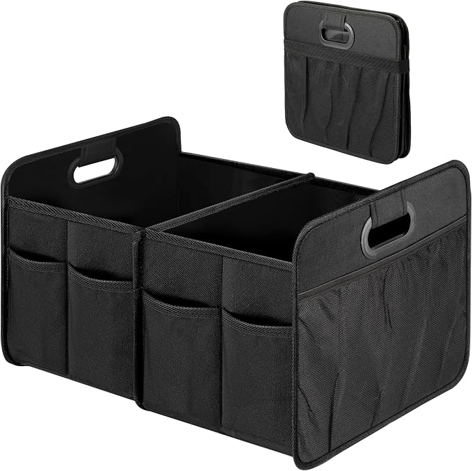 Car Trunk Organizer, 2 Compartments Collapsible Trunk Storage, Anti-slip Design, Made of Waterproof 600D Oxford Polyester, Suitable for SUV, Minivan, Truck, Standard Size, Black New