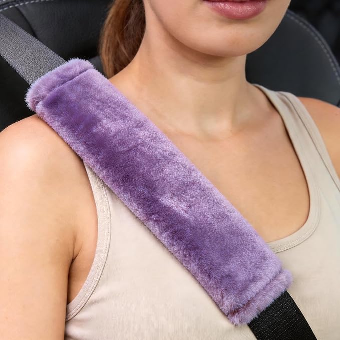 Soft Faux Fur Universal Fit Seatbelt Cover Car Truck SUV Airplane Seat Belt Shoulder Pad for Carmera Backpack Straps Neck Cushion Protector 2 Pack 10.5in Light Lavender