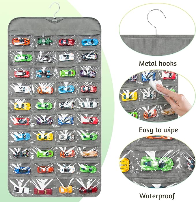 Hanging Organizers for Toy Car Double Sided 80 Pockets Display Case for Toy Cars (Without Toy Cars) (80 Slots Gray)
