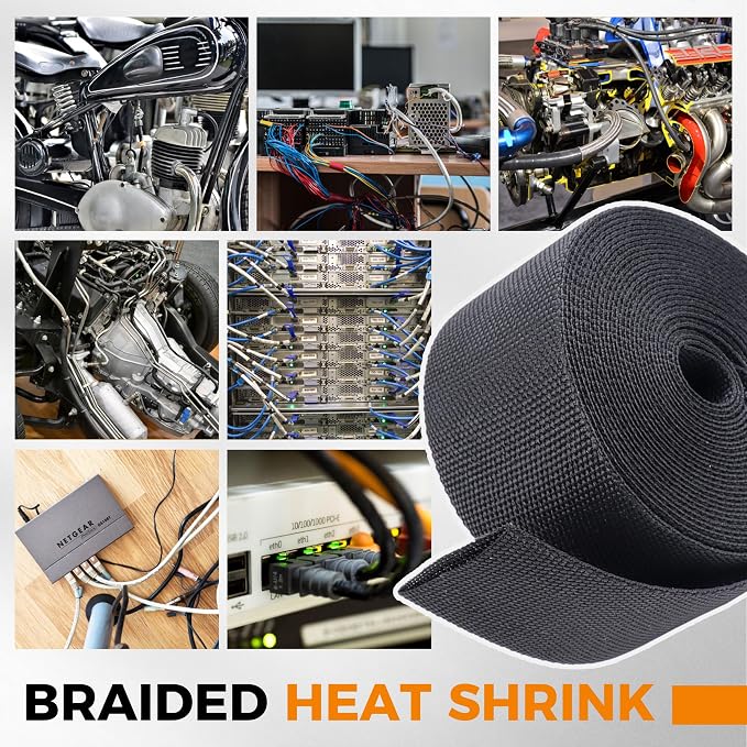 2:1 Ratio Automotive Heat Shrink Braided Sleeve, Cord Protector, Wear-Resistant Fabric Flat Woven Shrinkable Tubing Wires Hoses Protection (3/8"-15ft)