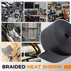 2:1 Ratio Automotive Heat Shrink Braided Sleeve, Cord Protector, Wear-Resistant Fabric Flat Woven Shrinkable Tubing Wires Hoses Protection (3/8"-15ft)