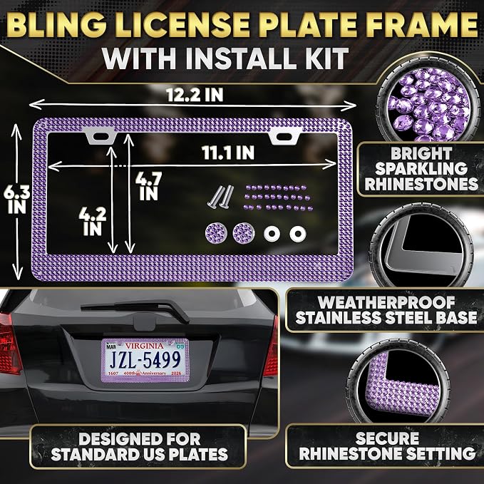 Purple Car Accessories Set, 27 Pieces – Bling Car Accessories for Women, Steering Wheel Cover, Rearview Mirror, Air Vent, Dashboard and Console Rhinestone Decor - Universal Fit Interior Styling Kit