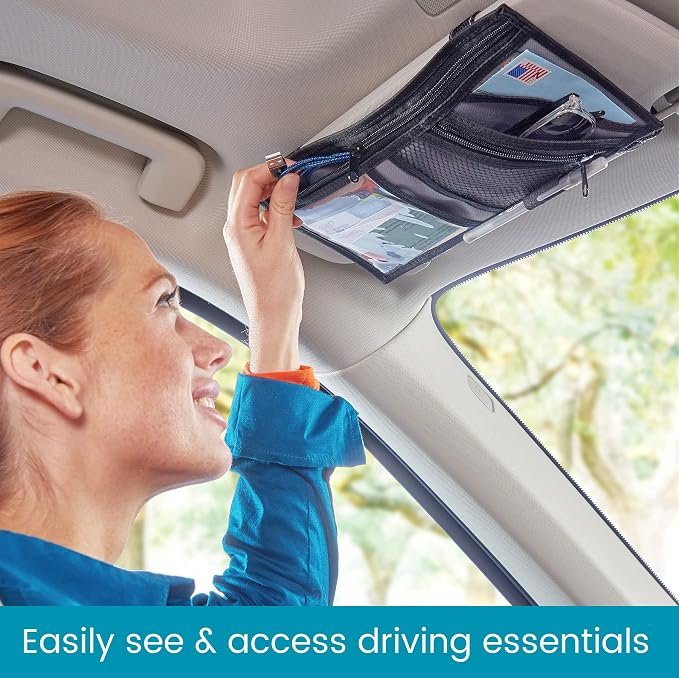 Car Visor Organizer with Zippered Pockets, Sunglasses Sleeve and Clear Photo or Registration and Insurance Pocket - Heavy Duty Straps Fit Most Car, SUV and Truck Visors - Gray