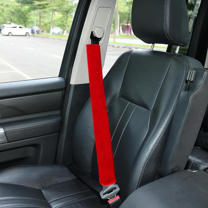 Soft Faux Fur Universal Fit Seatbelt Cover Car Truck SUV Airplane Seat Belt Shoulder Pad for Carmera Backpack Straps Neck Cushion Protector Extra Long 25.6in Red